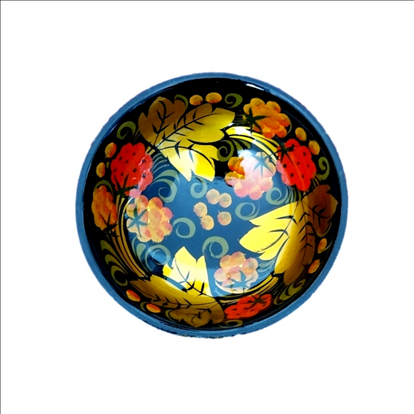 Vintage Lacquered Antique Wood Bowl Hand Painted Berry and Leaf Theme - Picture 3 of 6